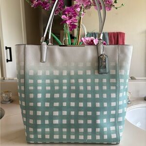 Authentic Coach Madison Green/White Gingham Printed Saffiano Large Tote